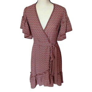 Max Studio Contemporary Rust & White Print Ruffled Wrap Dress Size S  #0330